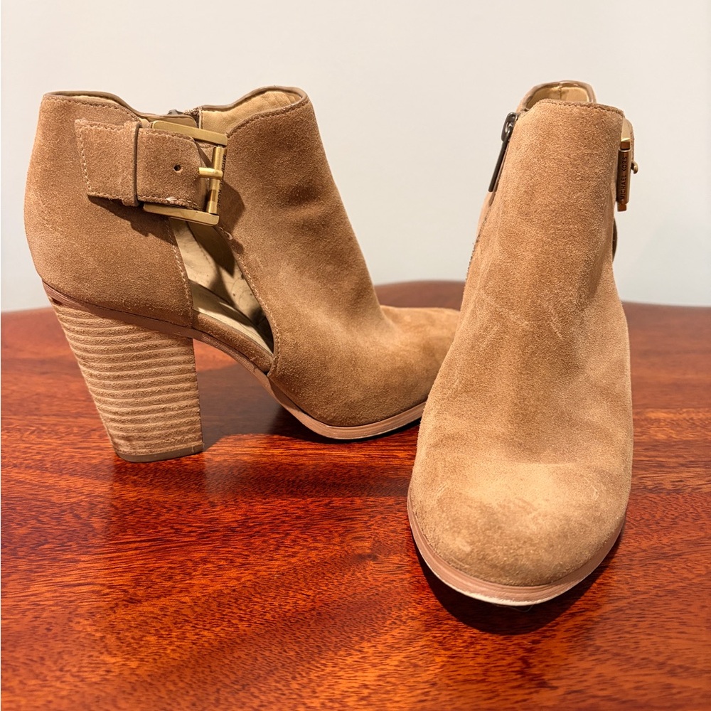 Michael Kors Suede Buckle Booties | Stacked Heel | Tan 6
